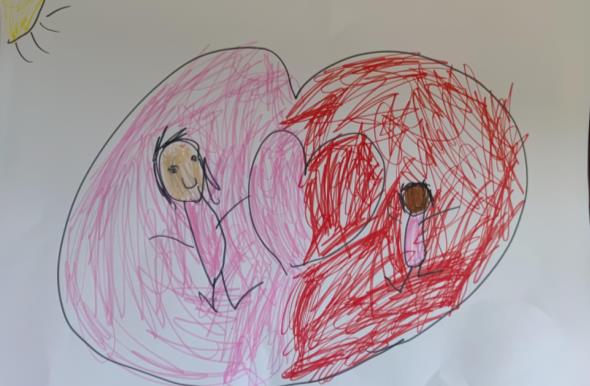Desenho de um coração dividido em duas partes com mãe e filha