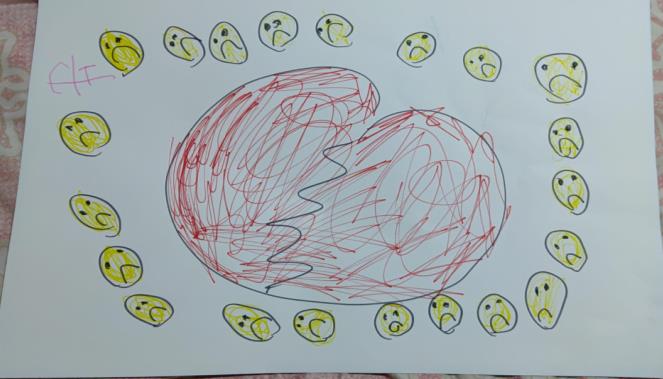 Desenho de Cecília com um coração trincado e rostos ao redor