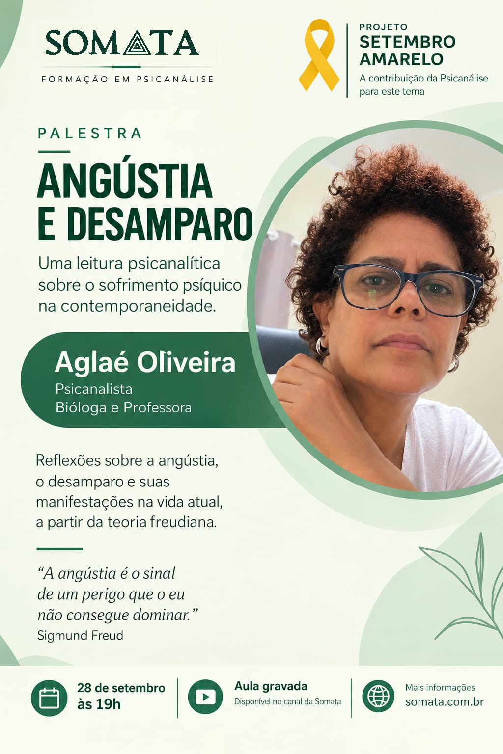 Cartaz da palestra Angústia e Desamparo com Aglaé Oliveira, em 28 de setembro de 2026 às 19h